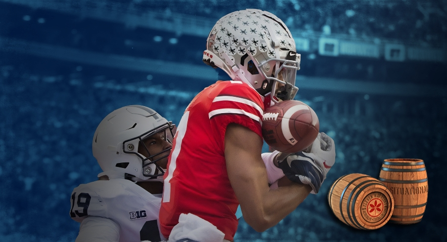 Nov 23, 2019; Columbus, OH, USA; Penn State Nittany Lions cornerback John Reid (29) prevents Ohio State Buckeyes wide receiver Chris Olave (17) from making a touchdown reception in the first half at Ohio Stadium. Mandatory Credit: Greg Bartram-USA TODAY Sports