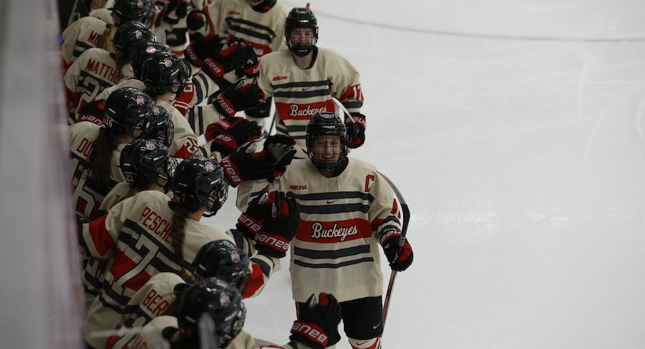 Ohio State women’s hockey players celebrate