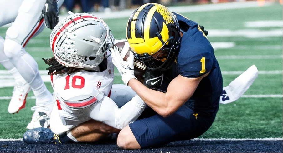 Denzel Burke and Roman Wilson fight for a pass ruled a Michigan touchdown.