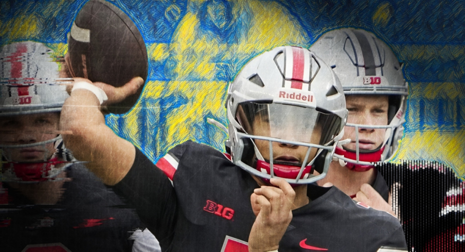 Ohio State Buckeyes quarterback C.J. Stroud, center, throws in front of quarterbacks Kyle McCord, left, and Devin Brown during the spring football game at Ohio Stadium in Columbus on April 16, 2022