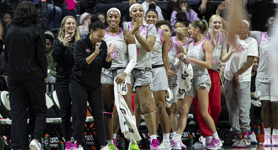 Ohio State women’s basketball celebrates during its win against Michigan State