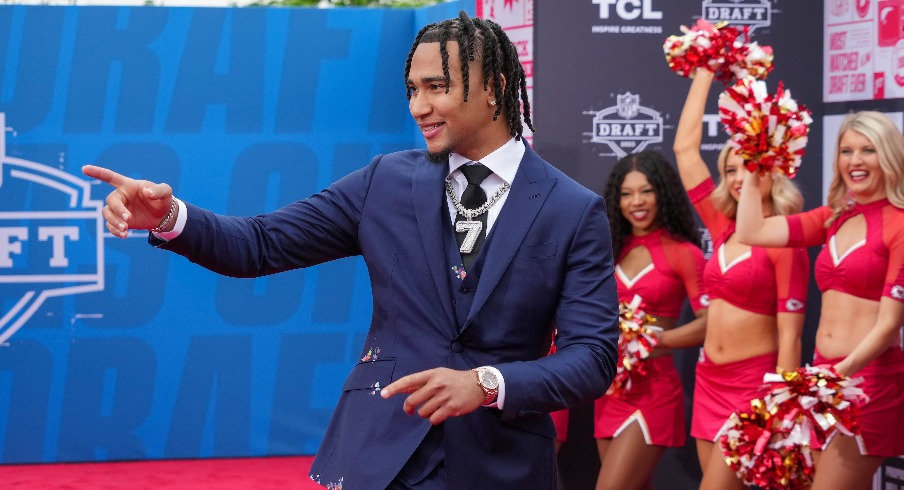 Apr 27, 2023; Kansas City, MO, USA; Ohio State quarterback C.J. Stroud walks the NFL Draft Red Carpet before the first round of the 2023 NFL Draft at Union Station. Mandatory Credit: Kirby Lee-USA TODAY Sports