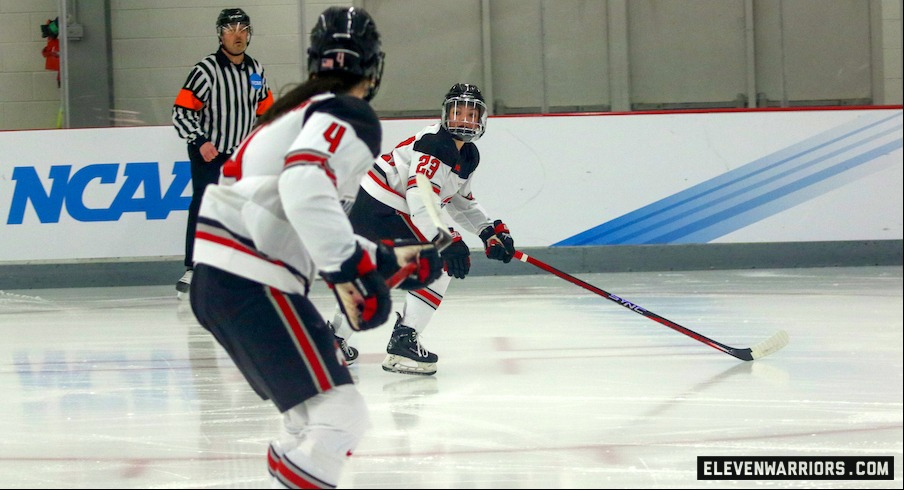 Cayla Barnes and Stephanie Markowski in Ohio State’s NCAA quarterfinal win over Minnesota Duluth