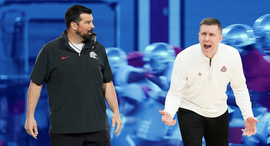 Mar 7, 2024; Columbus, OH, USA; Ohio State Buckeyes head coach Ryan Day watches players run during spring football practice at the Woody Hayes Athletic Center.