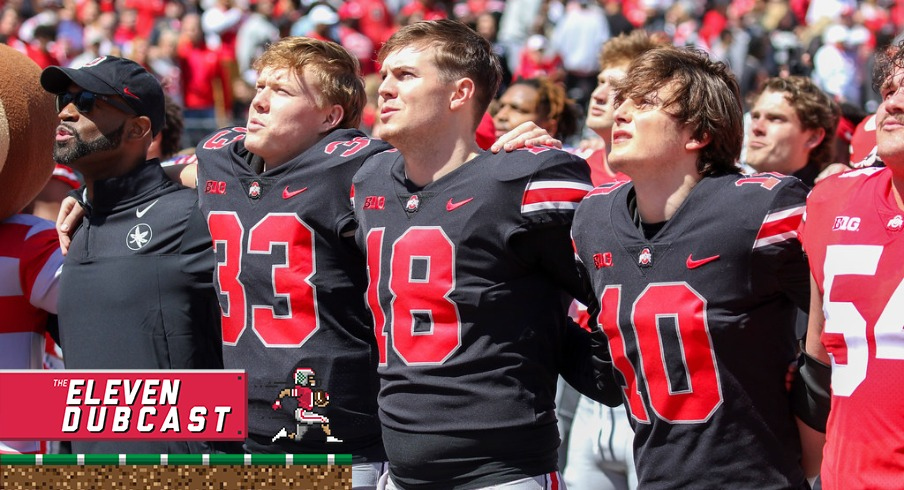 Ohio State quarterbacks Devin Brown (left), Will Howard (middle), and Julian Sayin (right)