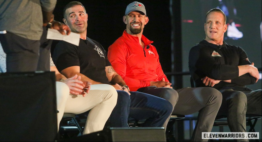 Anthony Schlegel, James Laurinaitis and A.J. Hawk