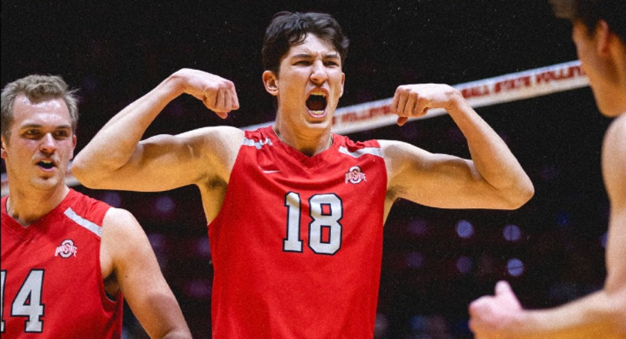 The Ohio State men's volleyball team celebrates its 19th conference title.