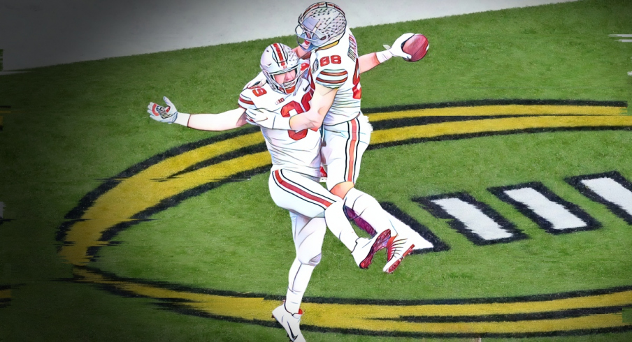 Jan 1, 2021; New Orleans, LA, USA; Ohio State Buckeyes tight end Luke Farrell (89) celebrates his touchdown reception against the Clemson Tigers with tight end Jeremy Ruckert (88) during the first quarter at Mercedes-Benz Superdome. Mandatory Credit: Russell Costanza-USA TODAY Sports