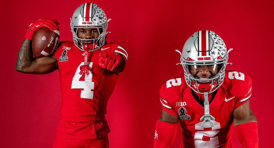 Jeremiah Smith and Caleb Downs show off Ohio State's all-scarlet uniforms