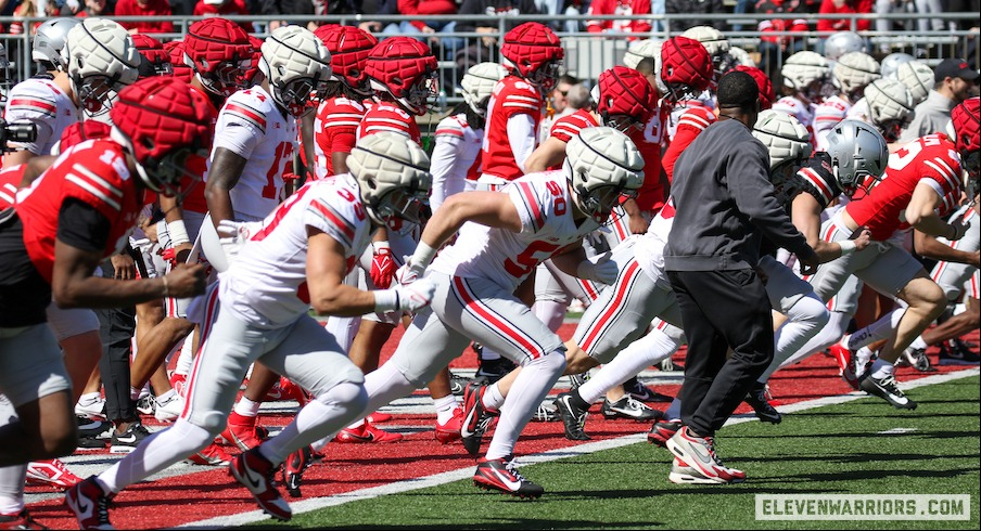 Ohio State football players warming up before the spring game