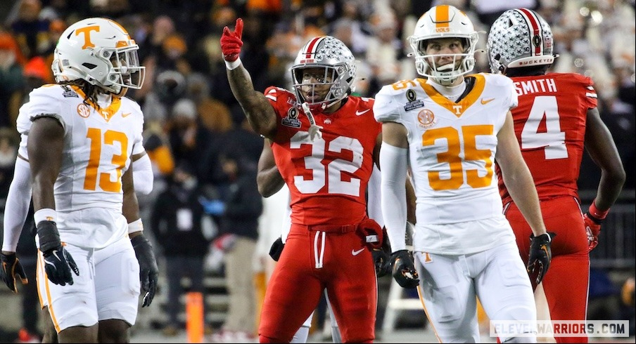 TreVeyon Henderson celebrating during Ohio State’s CFP win over Tennessee