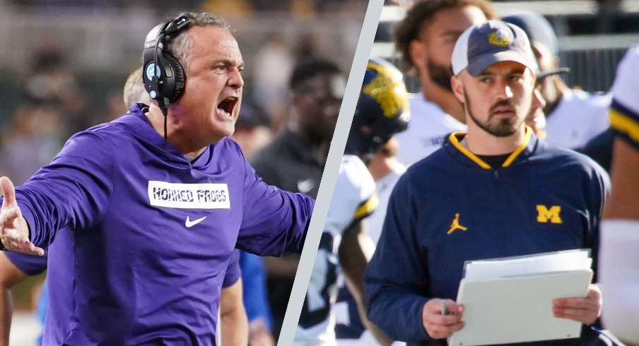 TCU head coach Sonny Dykes (left) and former Michigan staffer Connor Stalions (right)