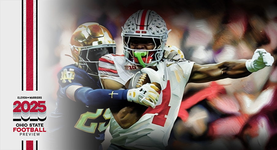 Ohio State Buckeyes wide receiver Jeremiah Smith (4) makes a catch against Notre Dame Fighting Irish cornerback Christian Gray (29) in the fourth quarter during the College Football Playoff National Championship at Mercedes-Benz Stadium in Atlanta on January 20, 2025.