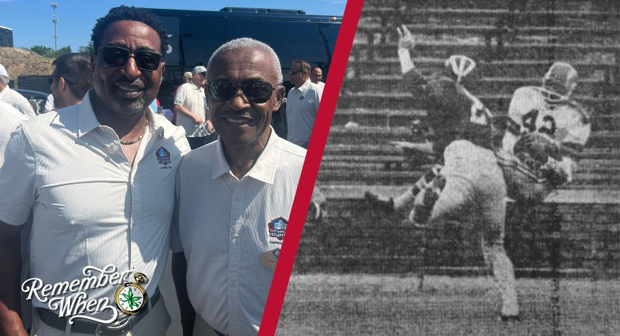Former Ohio State football players Cris Carter (left) and Paul Warfield (center-left) juxtaposed with Warfield making a touchdown catch against Michigan in 1963.