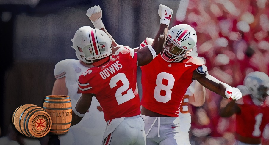 Ohio State Buckeyes safety Caleb Downs (2) and linebacker Arvell Reese (8) celebrate in the second half at Ohio Stadium on Saturday, Aug. 30, 2025 in Columbus, Ohio.