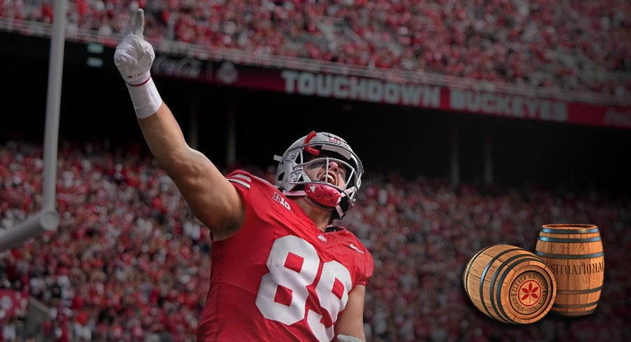 Ohio State Buckeyes tight end Will Kacmarek (89 celebrates a touchdown during the first half of the NCAA football game against Grambling at Ohio Stadium on Sept. 6, 2025.