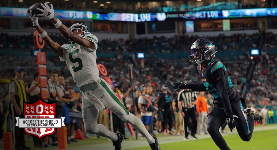 Garrett Wilson making a would-be touchdown catch that was nullified by offensive pass interference in the New York Jets’ loss to the Miami Dolphins.