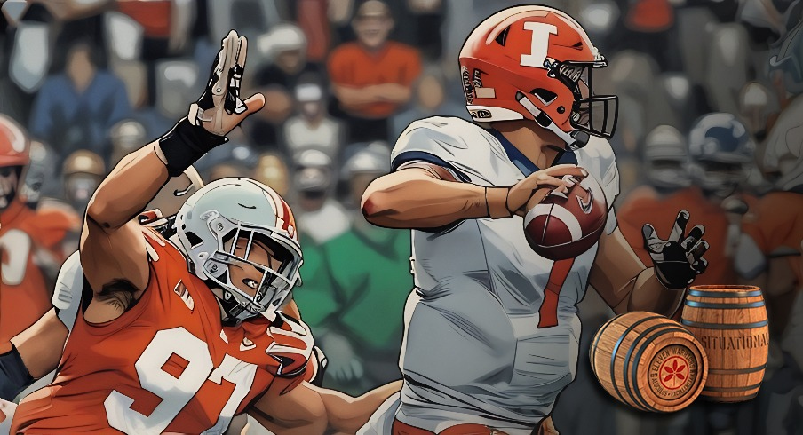 Nov 18, 2017; Columbus, OH, USA; Illinois Fighting Illini quarterback Chayce Crouch (7) is pressured by Ohio State Buckeyes defensive lineman Nick Bosa (97) during the second quarter at Ohio Stadium. Mandatory Credit: Joe Maiorana-Imagn Images