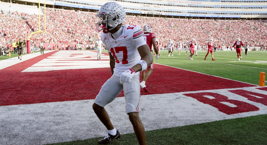 Carnell Tate celebrates his second touchdown catch vs. Wisconsin