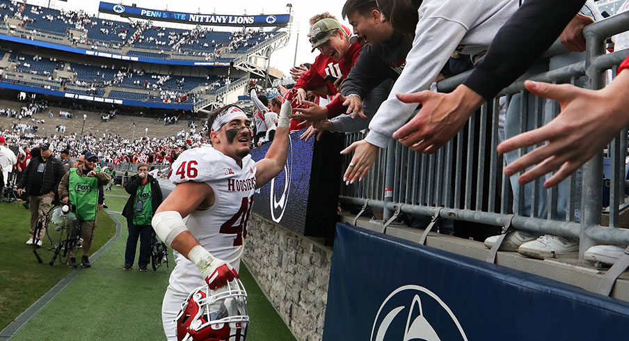 Indiana Hoosiers linebacker Isaiah Jones (46) celebrates with the fans following the game against the Penn State Nittany Lions at Beaver Stadium.