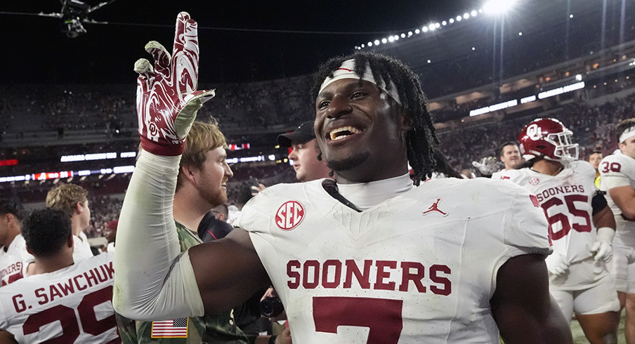 Oklahoma Sooner football players celebrate their upset win at Alabama Saturday, November 15, 2025