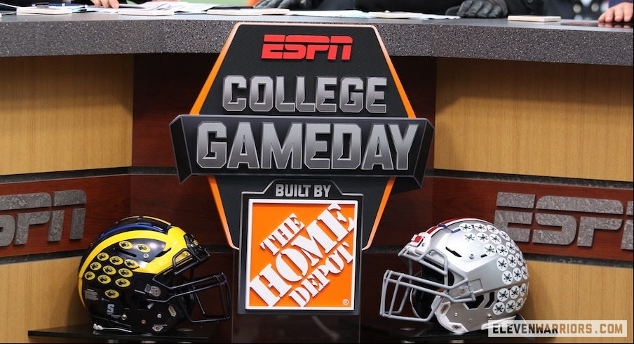 Michigan and Ohio State helmets on the College GameDay set