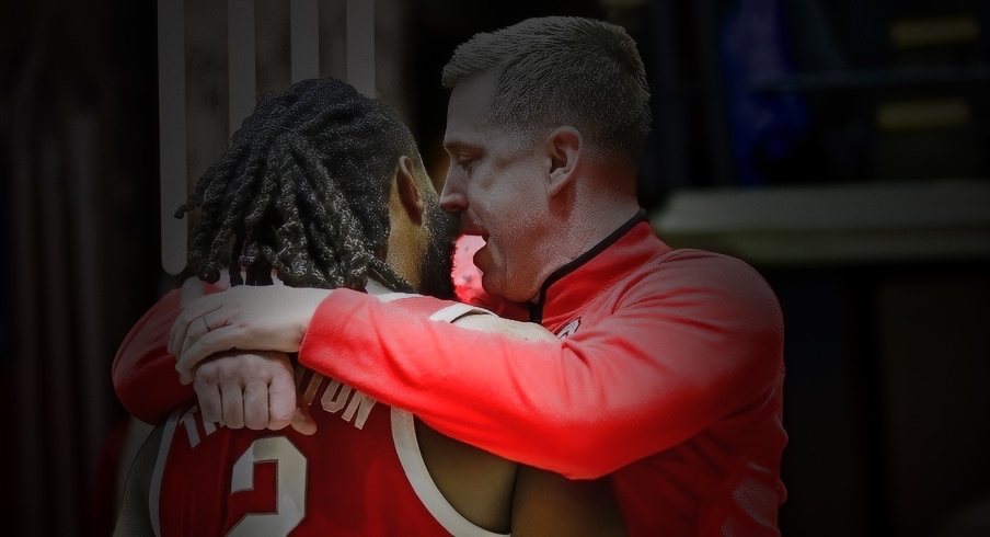 Jan 21, 2025; West Lafayette, Indiana, USA; Ohio State Buckeyes guard Bruce Thornton (2) shares a moment with Ohio State Buckeyes head coach Jake Diebler after defeating the Purdue Boilermakers at Mackey Arena. Mandatory Credit: Marc Lebryk-Imagn Images