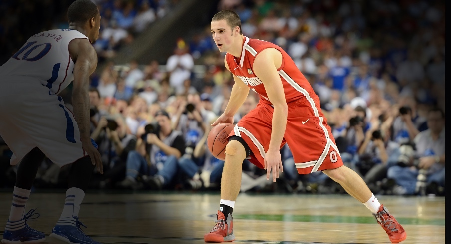 Mar 31, 2012; New Orleans, LA, USA; Ohio State Buckeyes guard Aaron Craft (right) brings the ball up court against Kansas Jayhawks guard Tyshawn Taylor (10) during the second half in the semifinals of the 2012 NCAA men's basketball Final Four at the Mercedes-Benz Superdome. Mandatory Credit: Bob Donnan-Imagn Images
