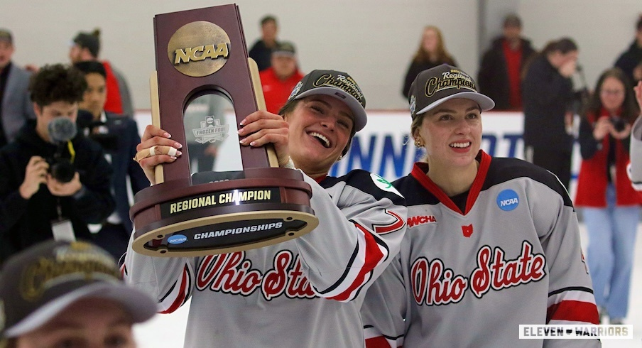 Ohio State women’s hockey with its regional championship trophy