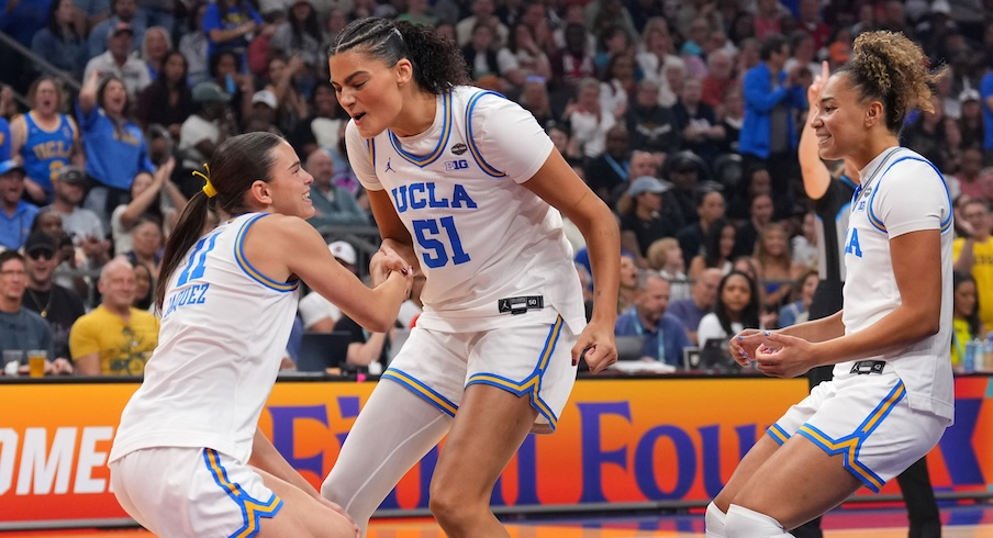 UCLA’s Lauren Betts, Gabriela Jaquez and Kiki Rice celebrating