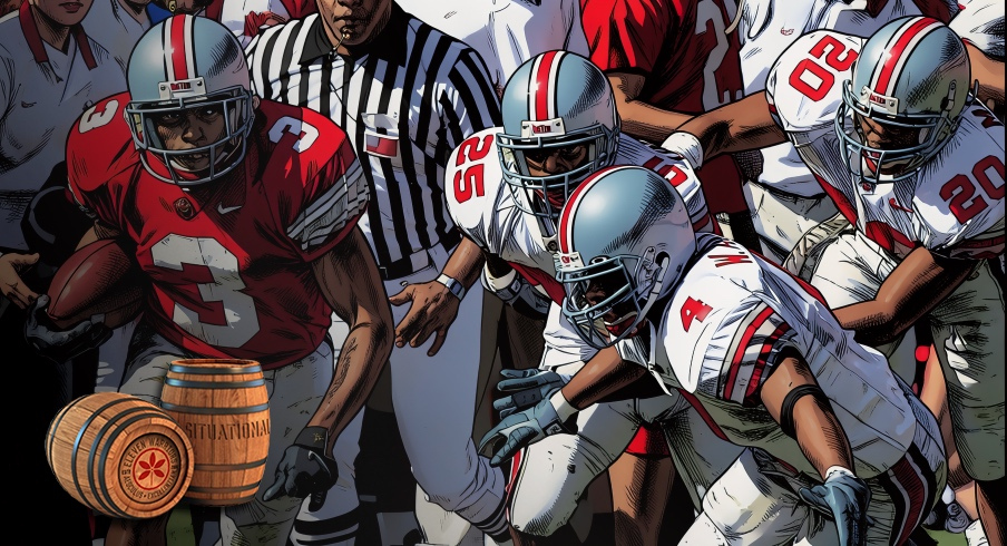 Bam Childress, 3, outruns the Gray defense of E.J. Underwood, 25, Will Allen, 4, and Steven Moore, 20, as he straddles the sideline on his way to a touchdown in the final quarter of the OSU spring game at Ohio Stadium, April 26, 2003.