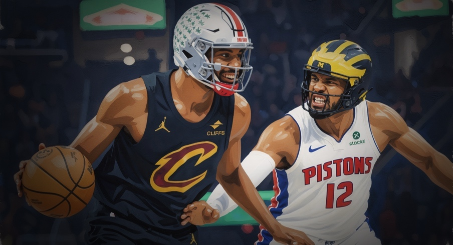 Mar 3, 2026; Cleveland, Ohio, USA; Cleveland Cavaliers center Evan Mobley (4) dribbles beside Detroit Pistons forward Tobias Harris (12) in the third quarter at Rocket Arena. Mandatory Credit: David Richard-Imagn Images