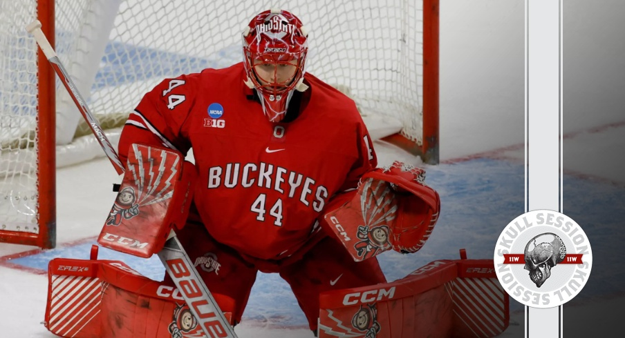 Montreal Canadiens goalie Jakub Dobeš in the pipes at Ohio State in 2023