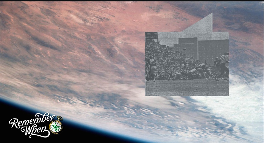Picture of Earth photographed during Apollo 7 mission in 1968, juxtaposed with the 1968 Ohio State vs. Purdue football game