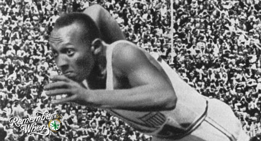 Jesse Owens emerges from the blocks for a sprint